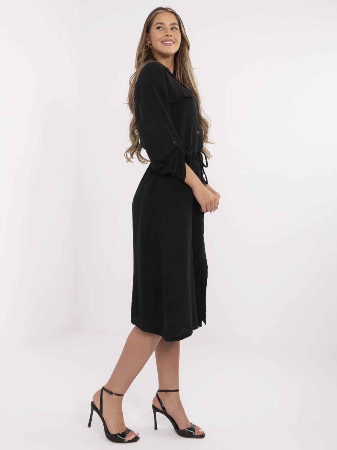 Rochie midi neagră elegantă cu mâneci lungi