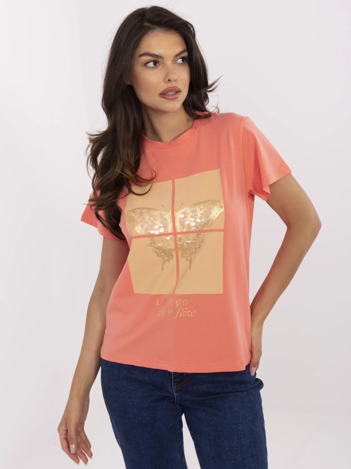Tricou portocaliu stilat cu aplicație