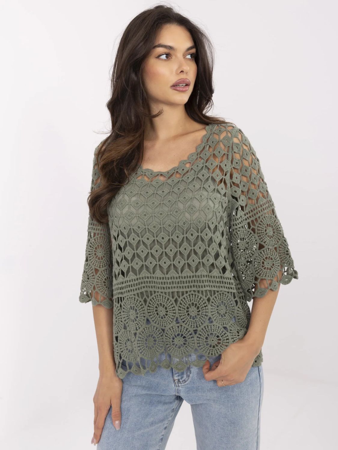 Bluză khaki elegantă cu mâneci 3/4