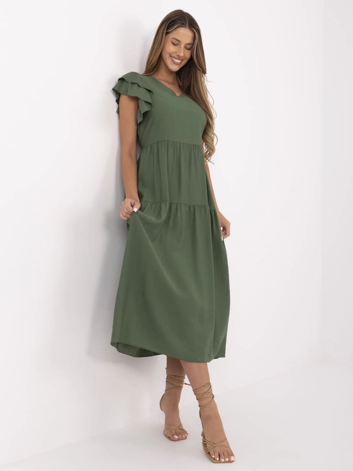 Rochie khaki cu croi evazat și decolteu în V