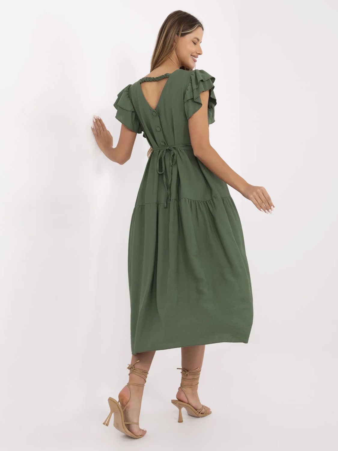 Rochie khaki cu croi evazat și decolteu în V