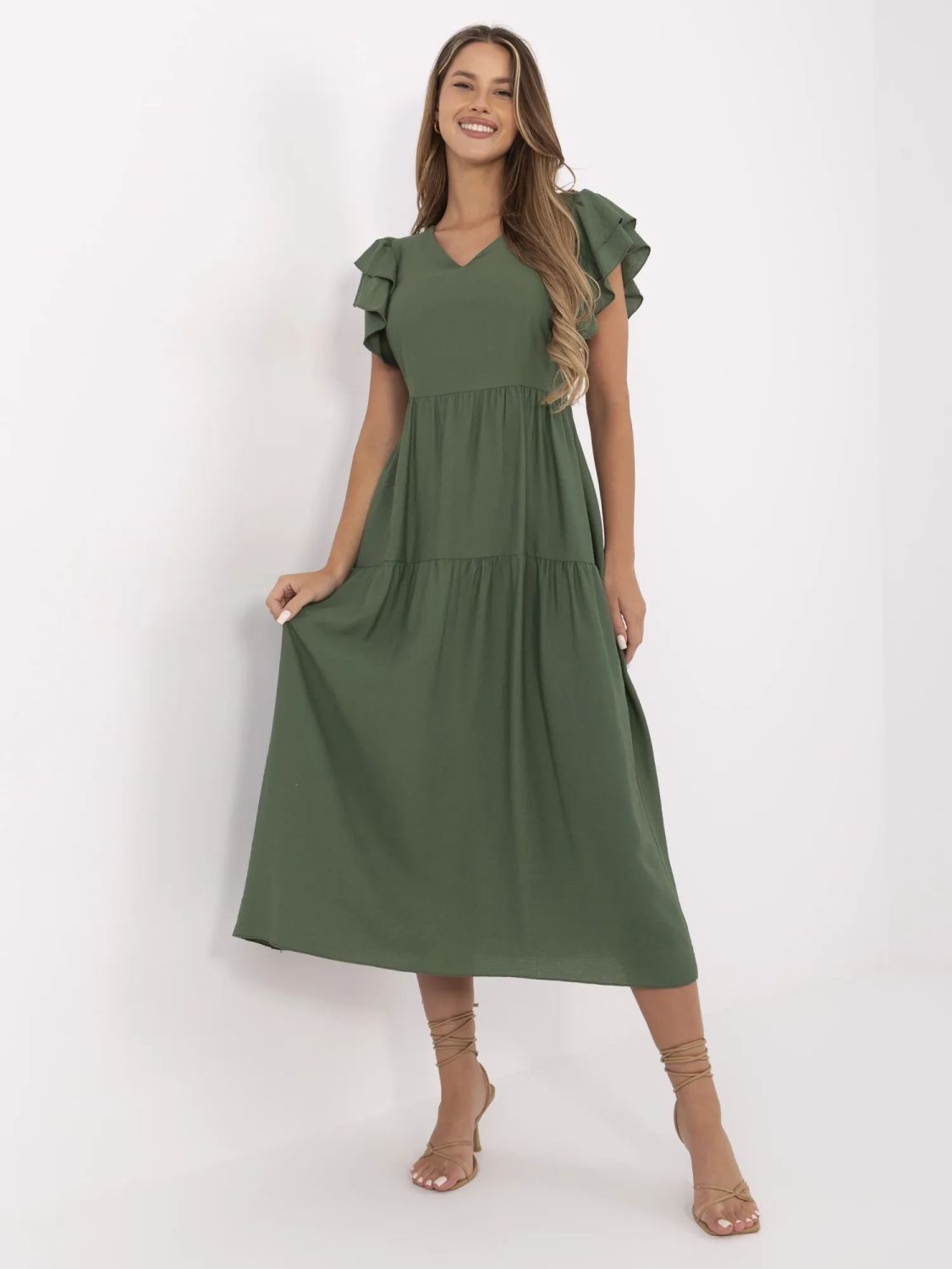 Rochie khaki cu croi evazat și decolteu în V