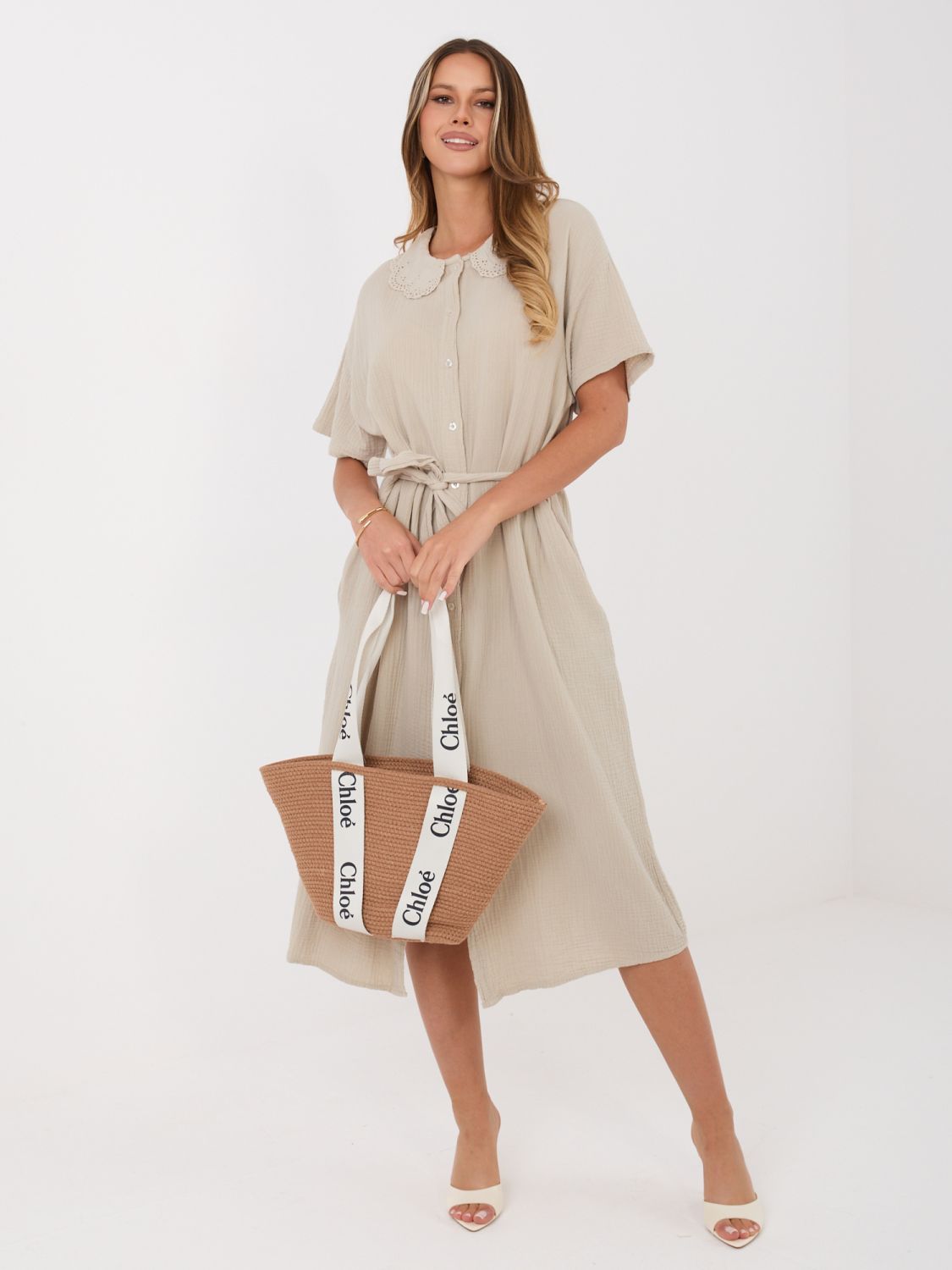 Rochie midi bej evazată cu curea și buzunare