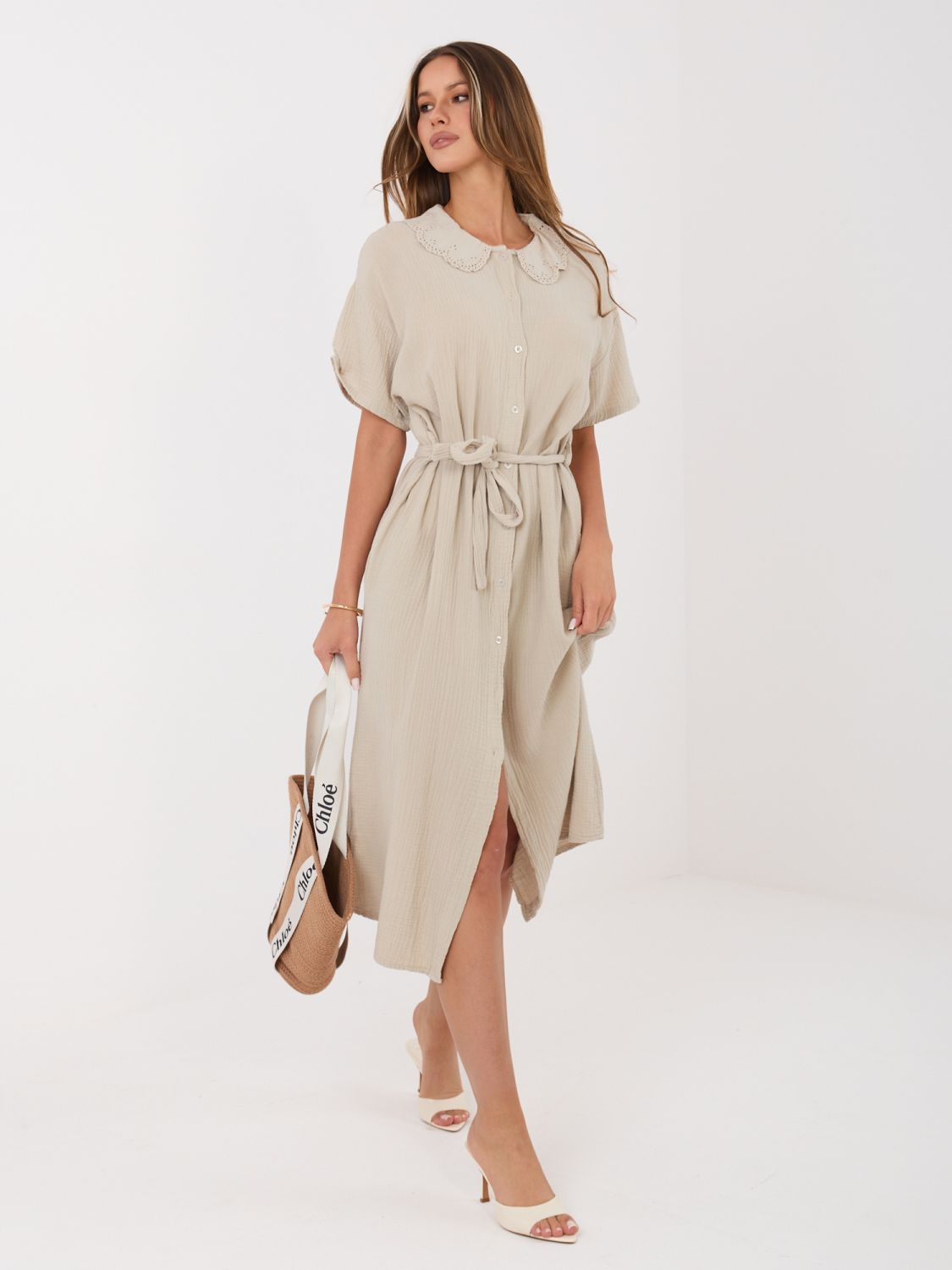 Rochie midi bej evazată cu curea și buzunare