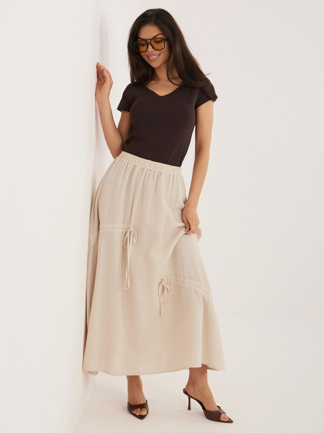 Fustă midi bej cu cordon