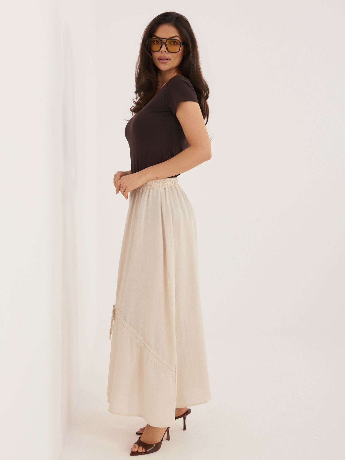 Fustă midi bej cu cordon