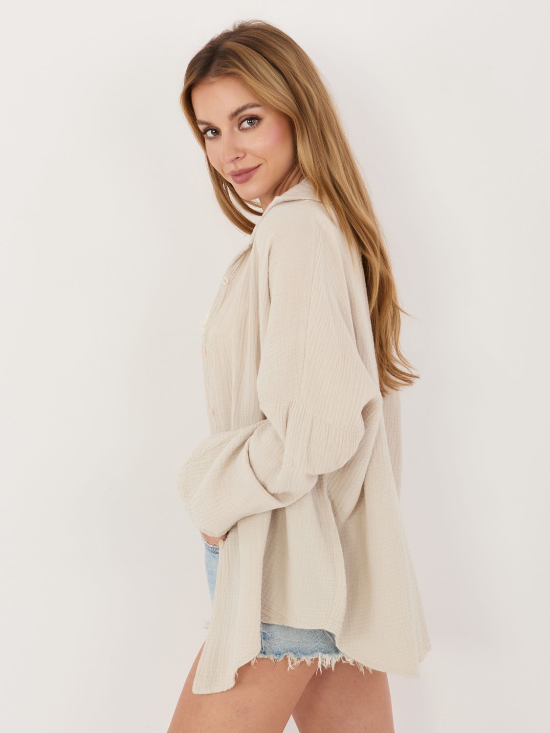 Cămașă bej din bumbac cu guler