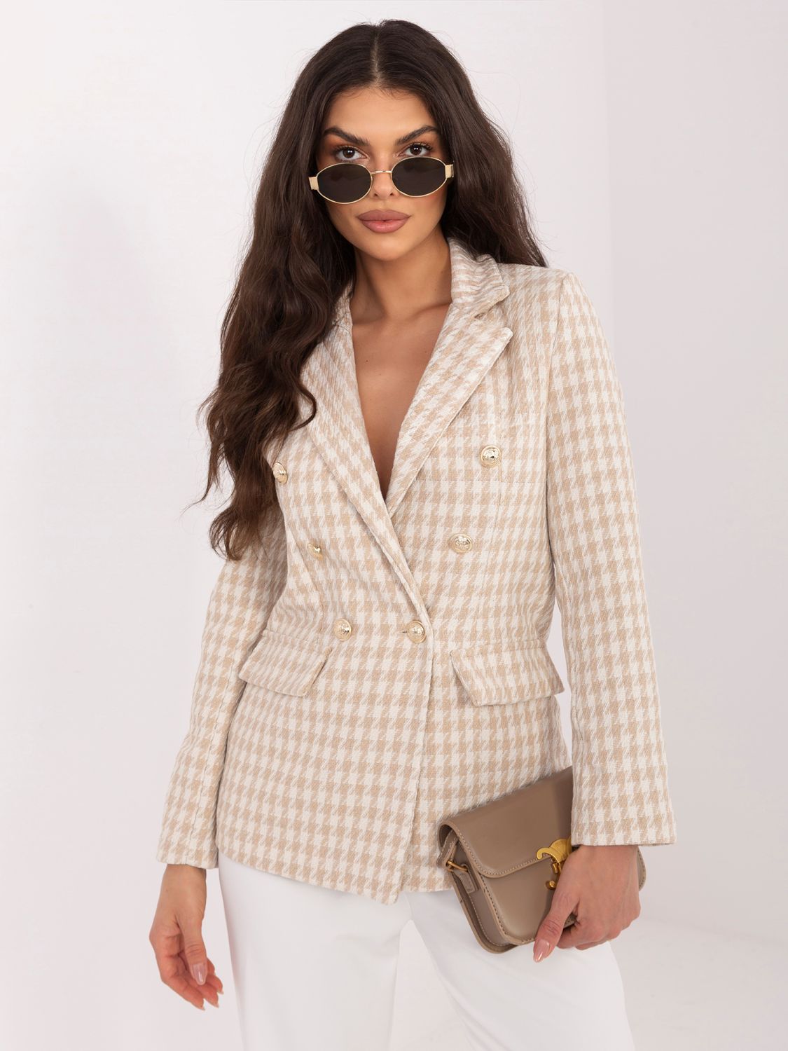 Sacou bej cu model pepit și căptușeală
