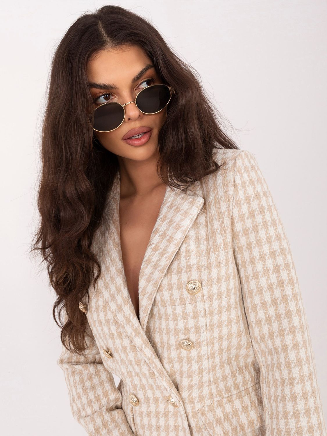 Sacou bej cu model pepit și căptușeală