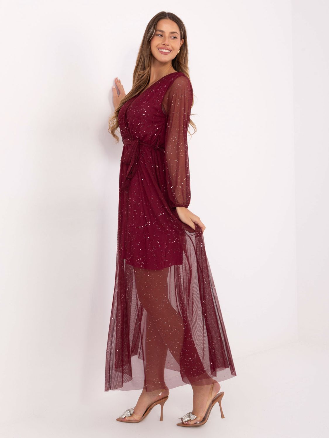 Rochie maxi bordo cu curea și căptușeală