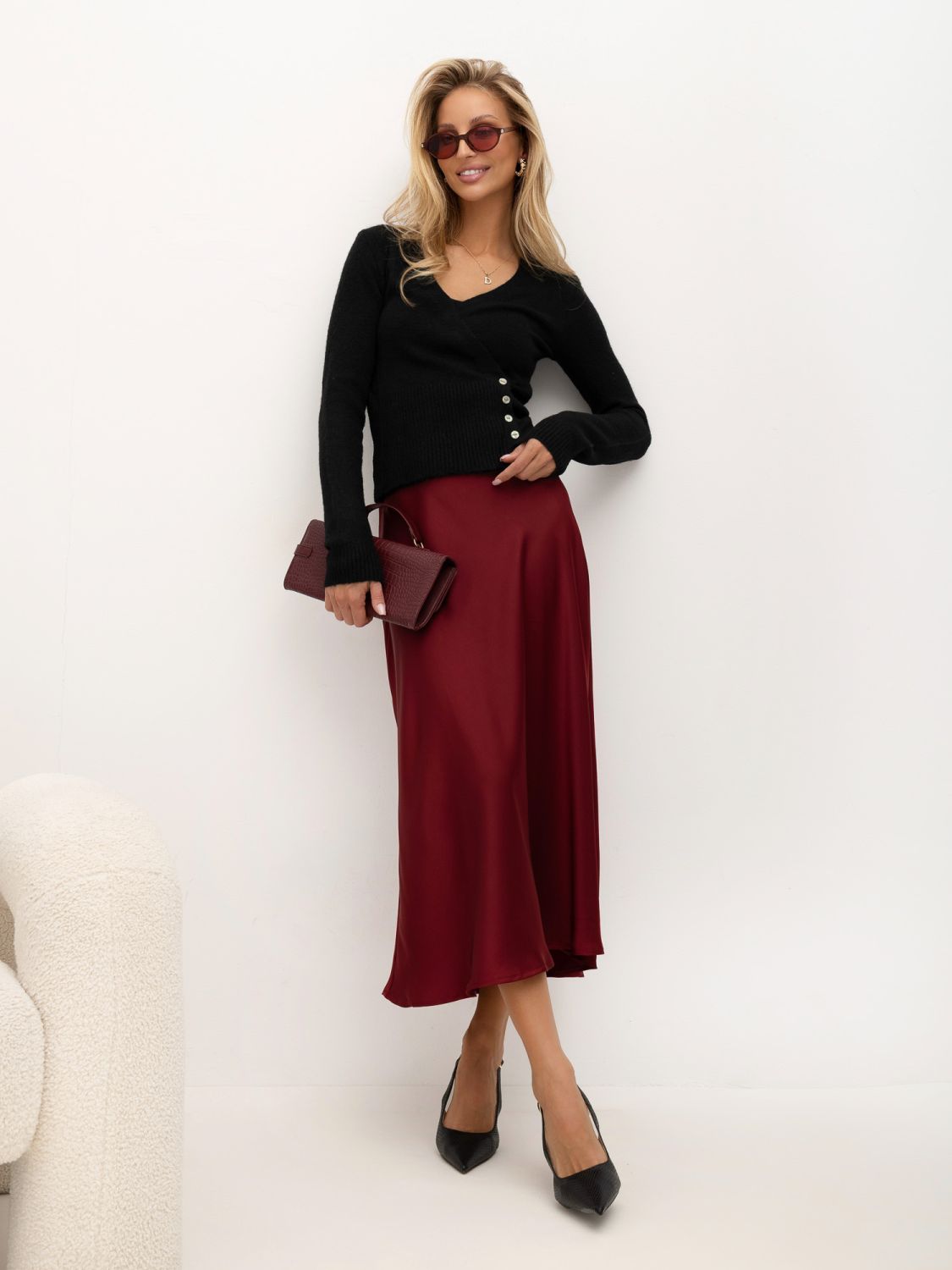 Fustă midi elegantă bordo