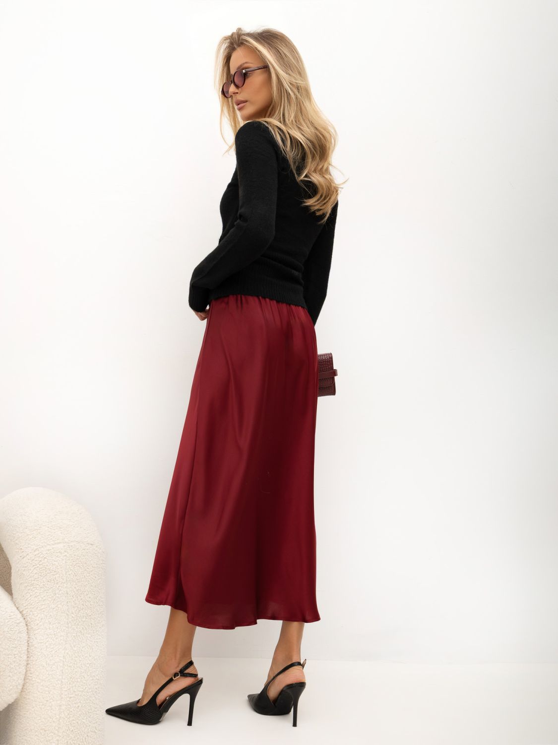 Fustă midi elegantă bordo