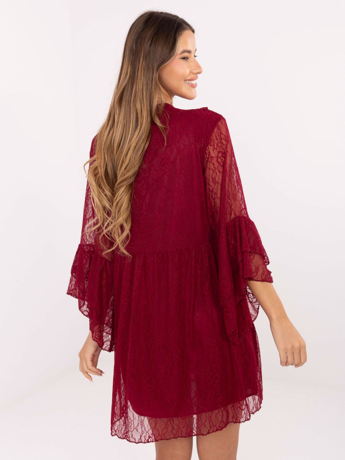 Rochie mini bordo în A cu dantelă și șnur