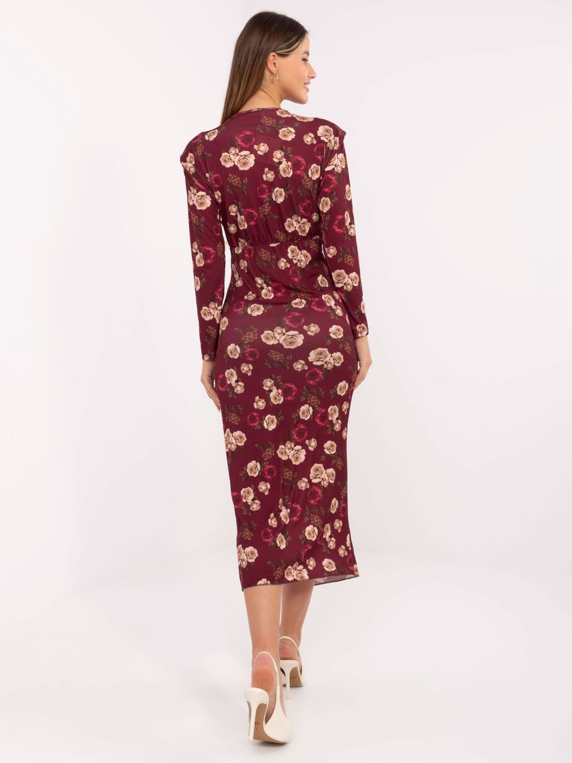 Rochie midi tip creion bordo cu imprimeu floral, mâneci lungi și decolteu petrecut