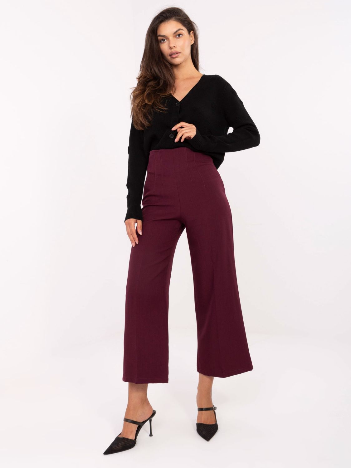 Pantaloni eleganți largi în culoare bordo
