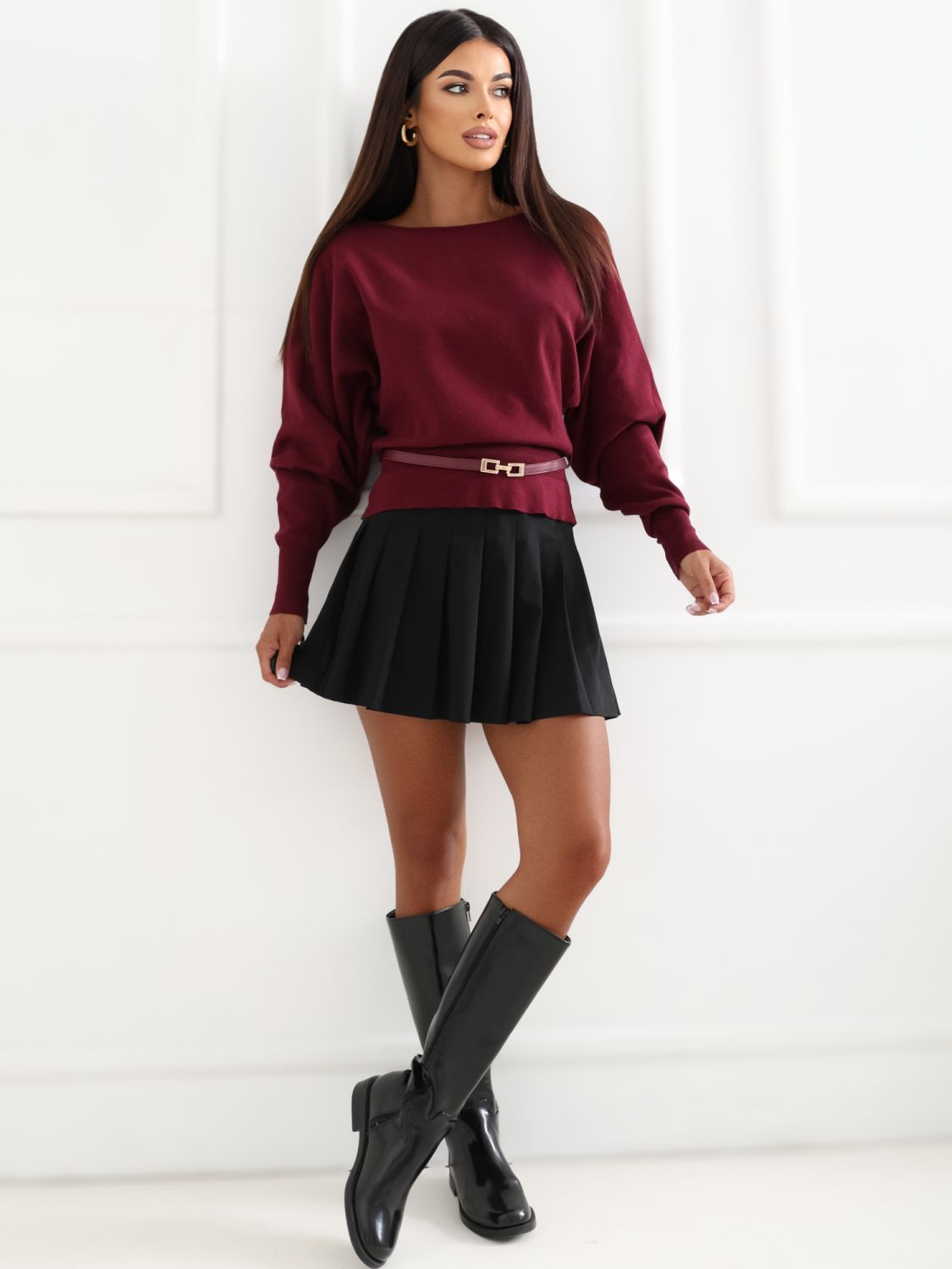 Pulover elegant bordo cu curea
