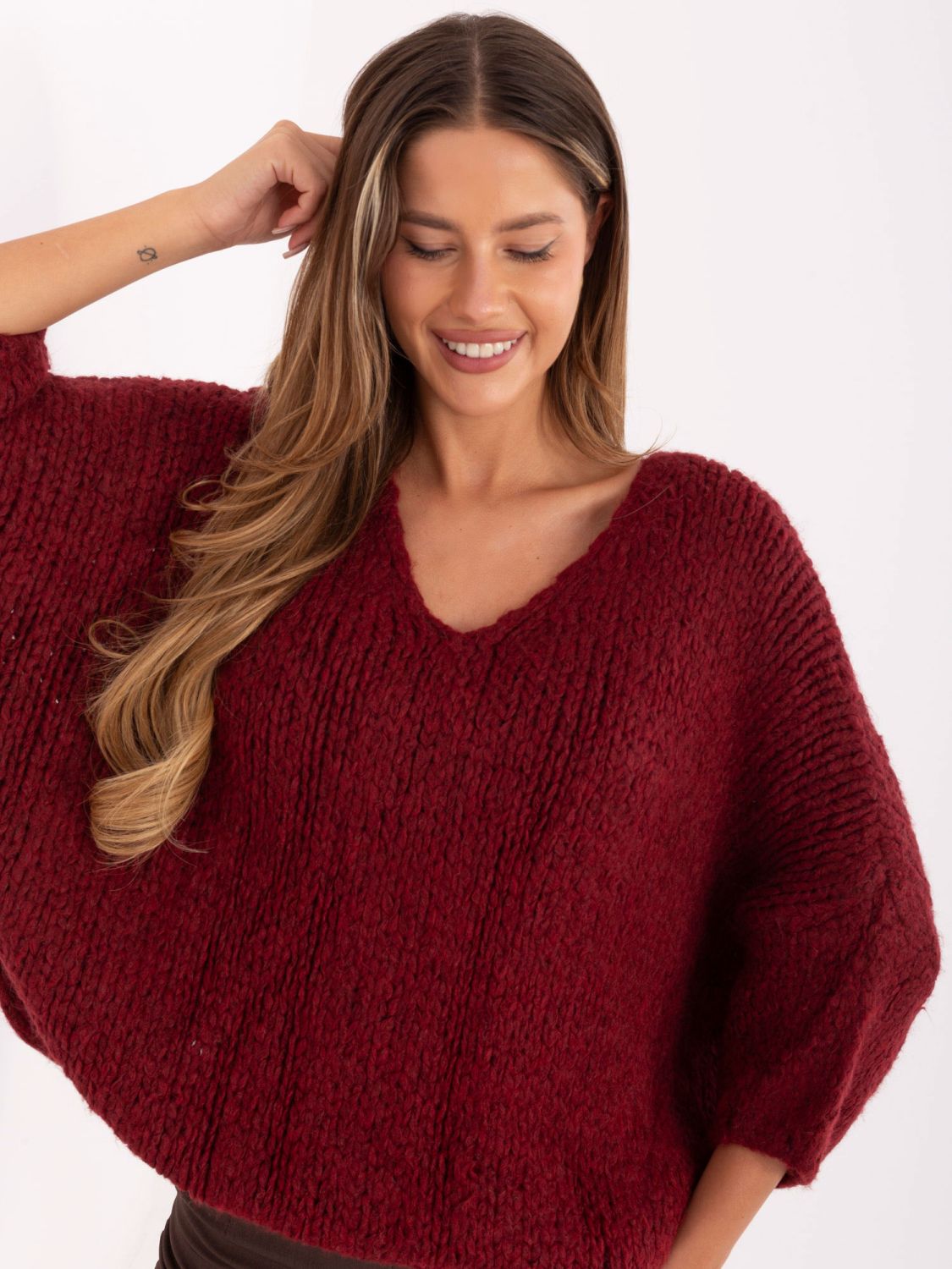 Pulover elegant bordeaux cu mâneci 3/4