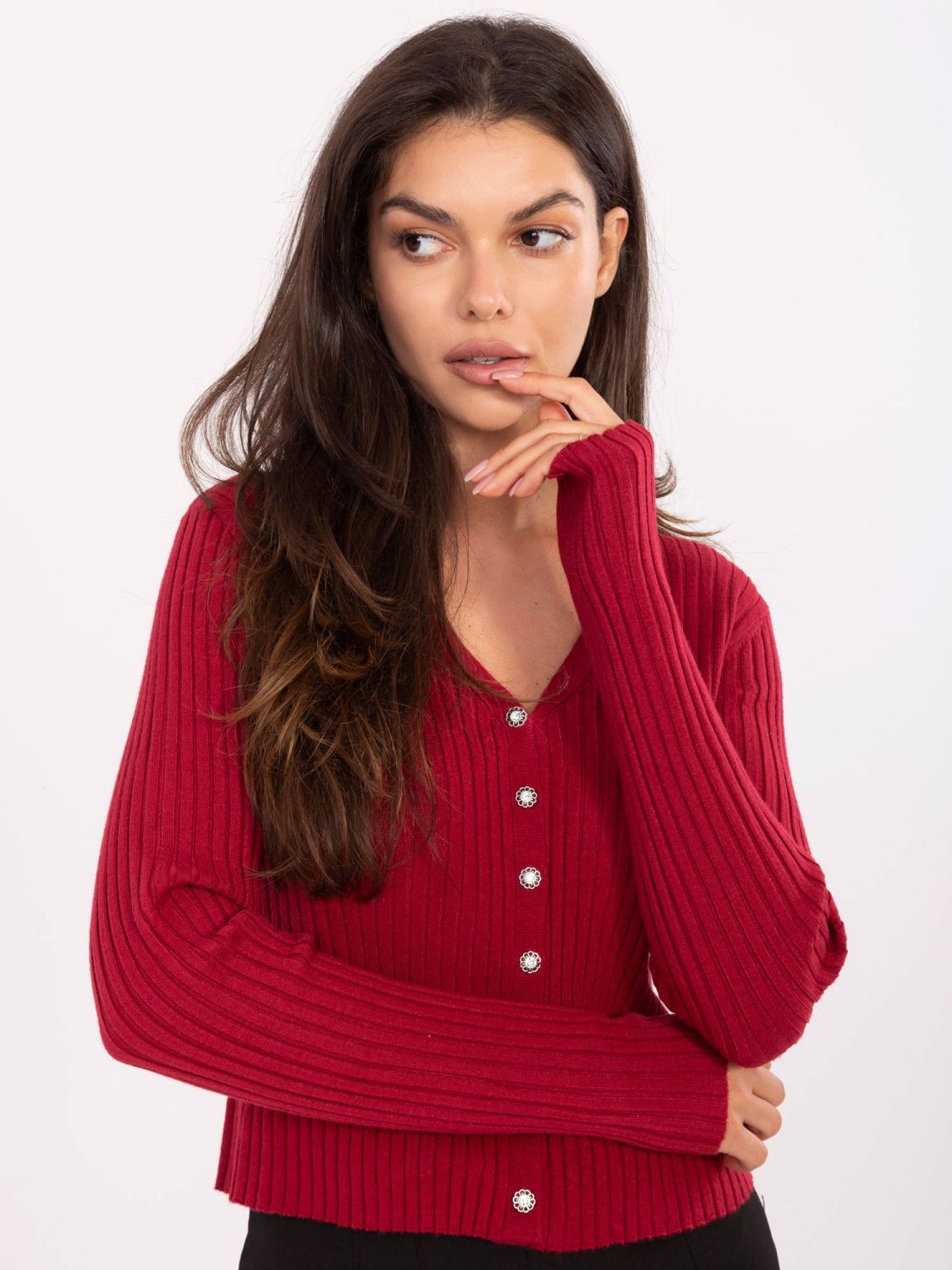 Pulover elegant bordeaux cu decolteu în V