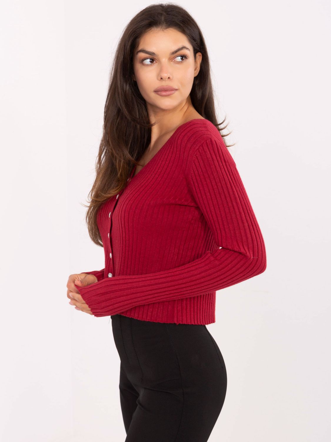 Pulover elegant bordeaux cu decolteu în V