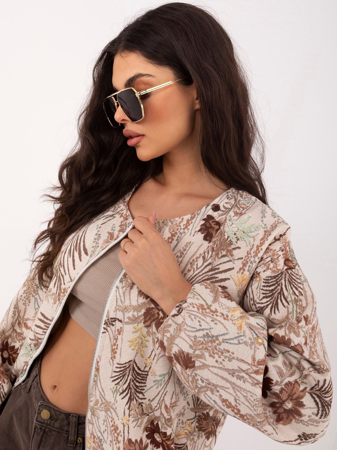 Geacă bomber maro cu imprimeu floral și căptușeală