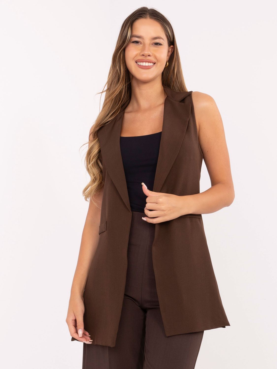 Vestă lungă elegantă maro cu căptușeală