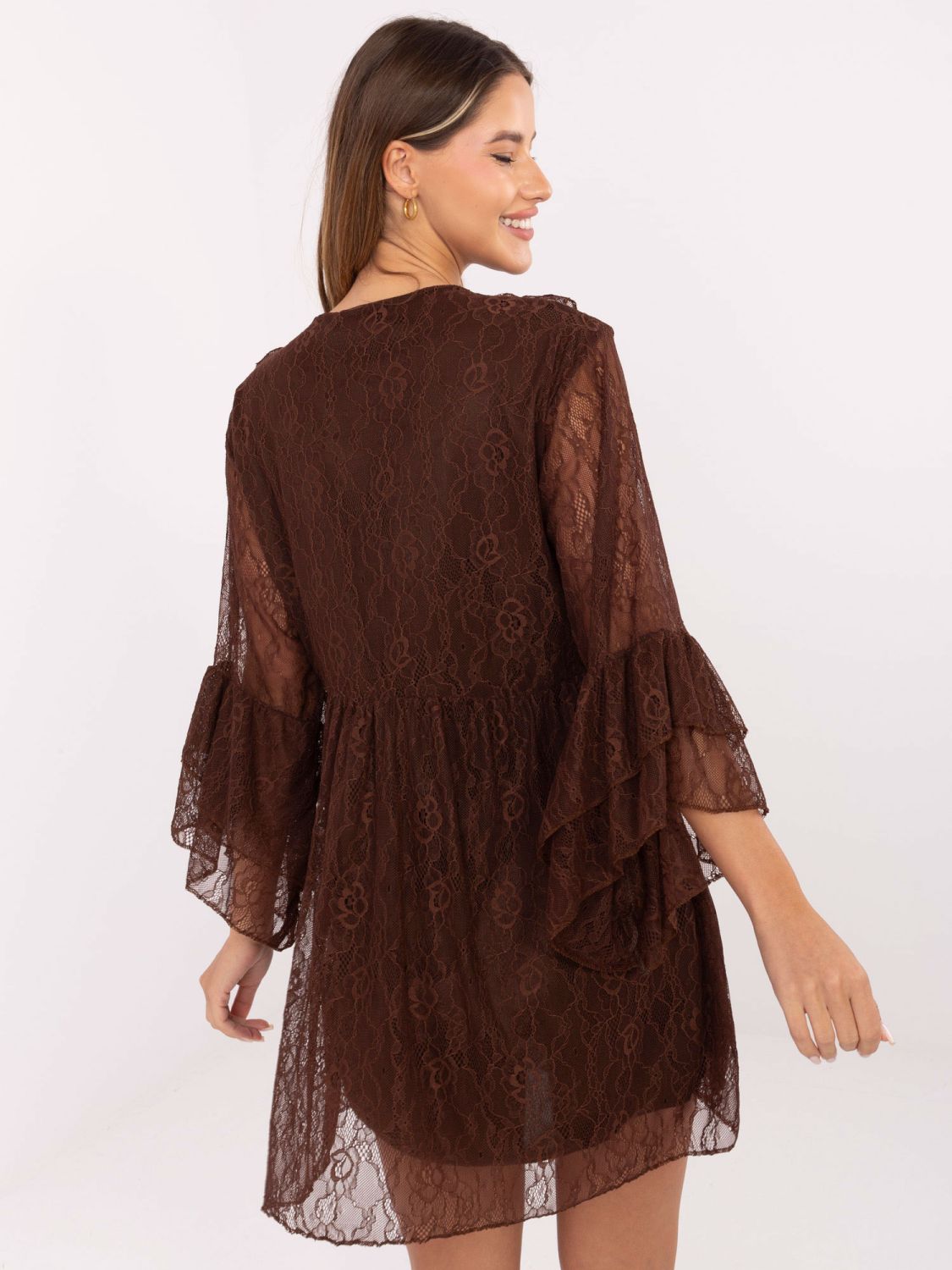 Rochie mini maro evazată cu dantelă și șnur