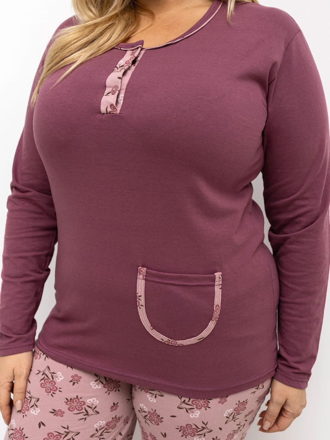 Pijamă damă cu model floral, mânecă lungă, roz