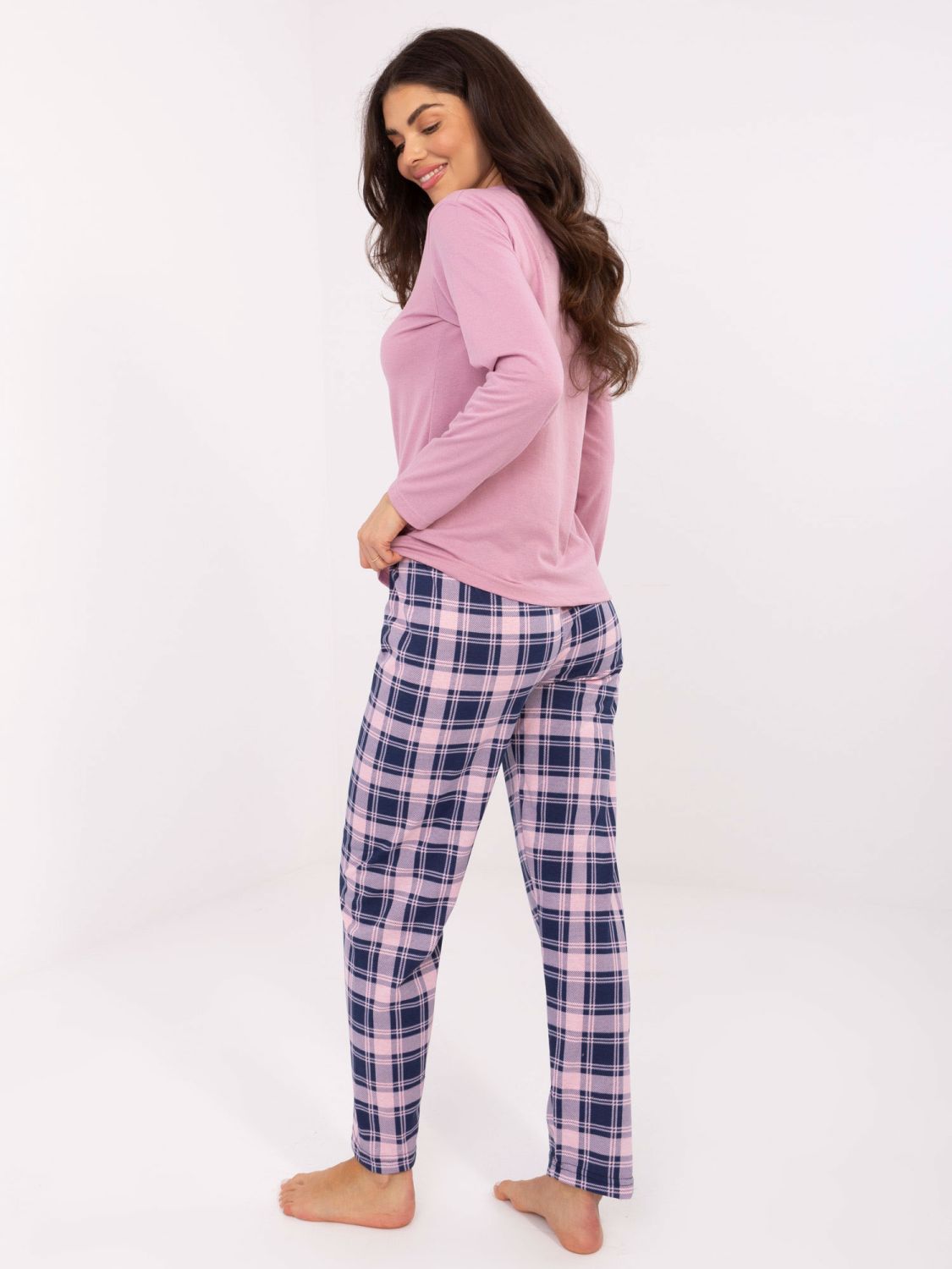 Pijamă damă cu mânecă lungă, roz, cu model în carouri