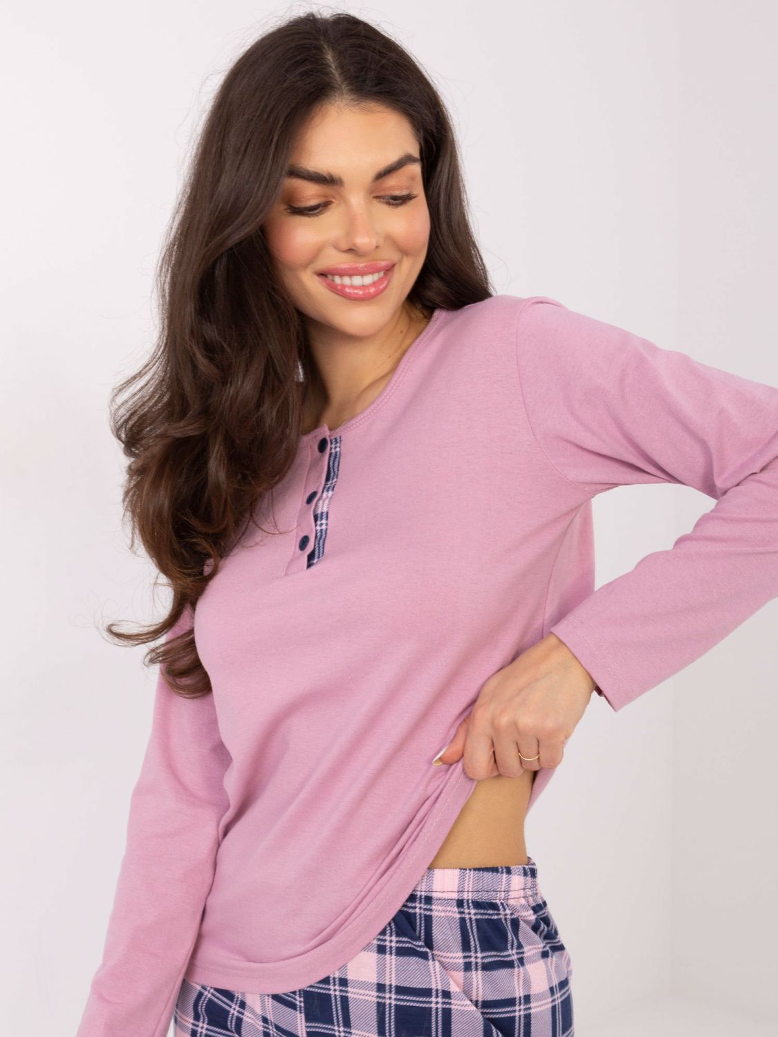 Pijamă damă cu mânecă lungă, roz, cu model în carouri