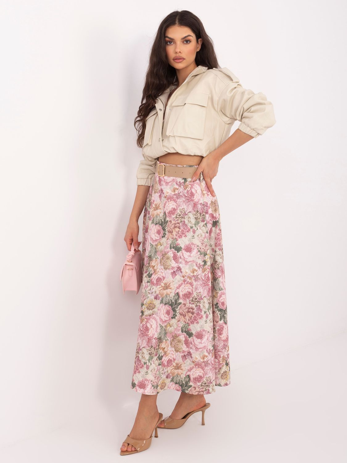 Fustă midi elegantă cu imprimeu floral și curea, roz