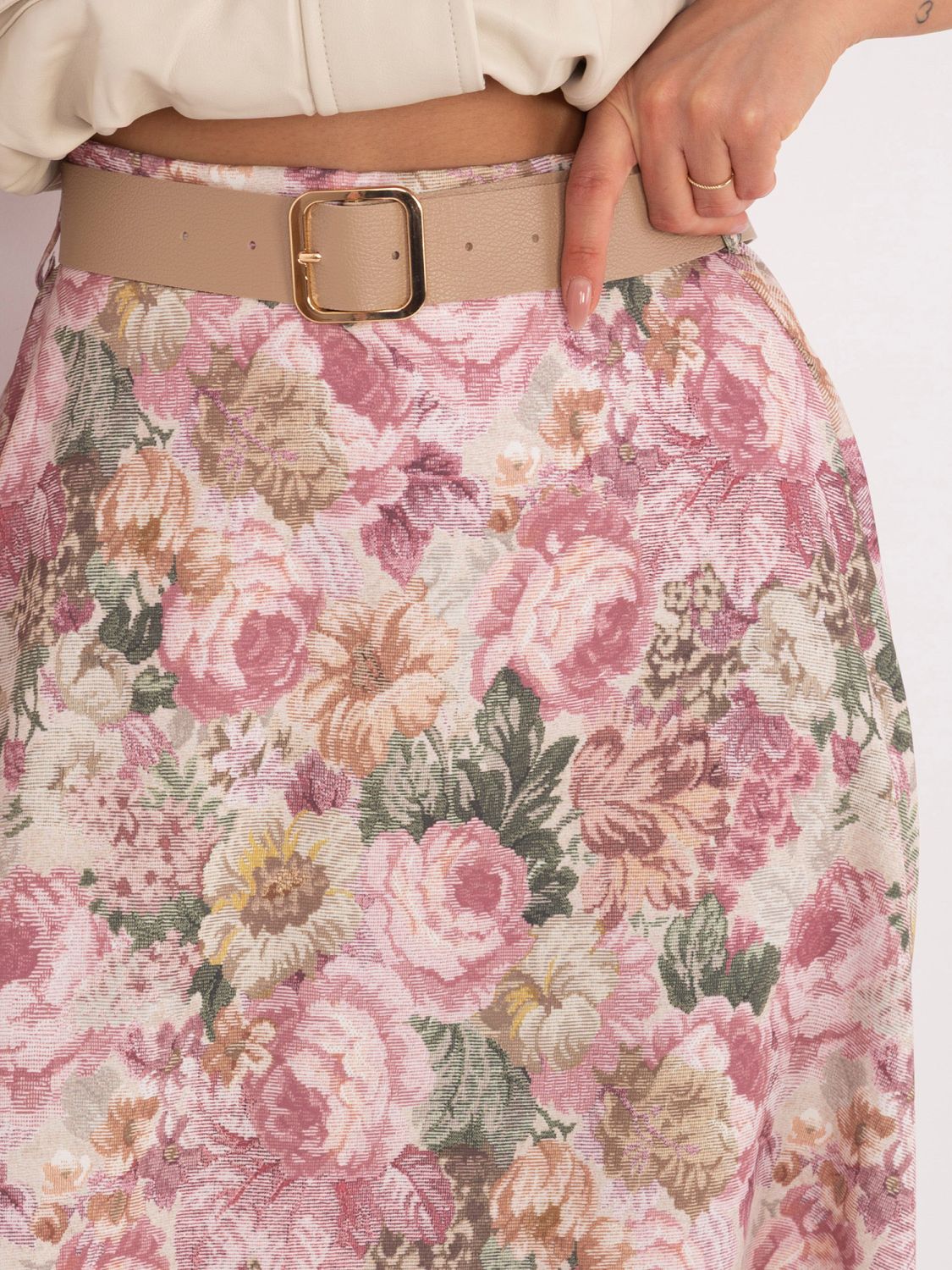 Fustă midi elegantă cu imprimeu floral și curea, roz