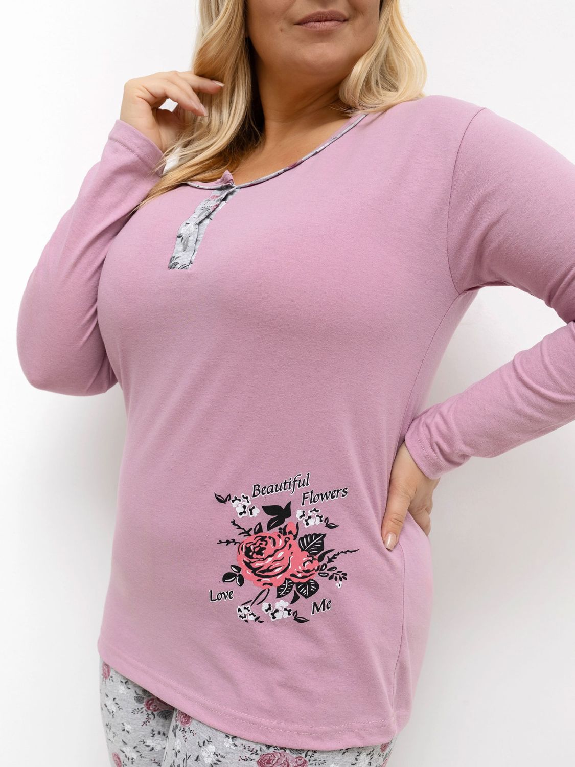 Pijamă damă cu imprimeu floral, mânecă lungă, roz