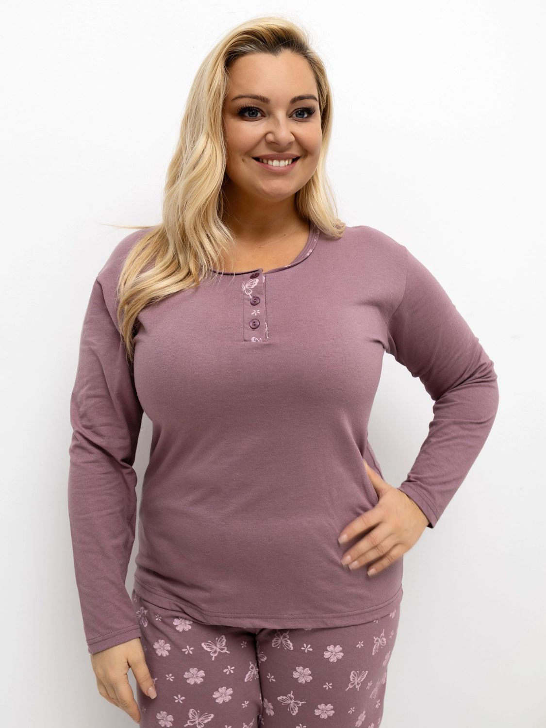 Pijamă damă cu imprimeu floral, mânecă lungă, roz