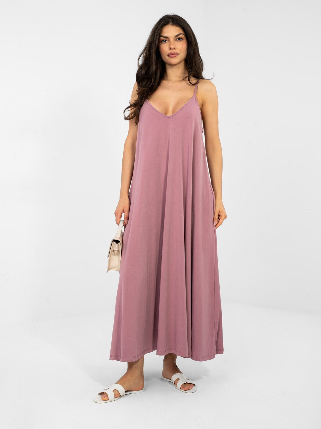 Rochie maxi de vară cu decolteu în V și buzunare, roz închis