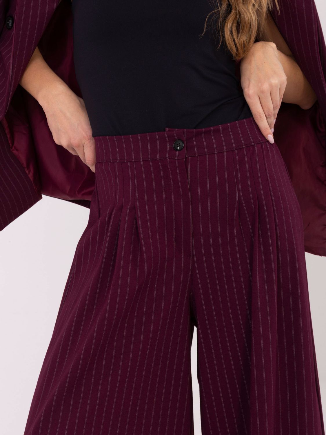 Pantaloni palazzo eleganți cu dungi, bordo
