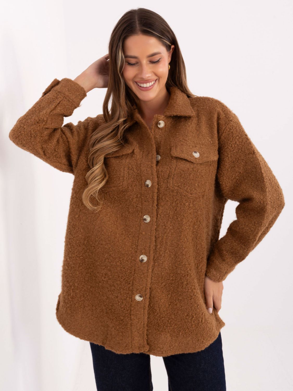 Jachetă tip cămașă camel casual cu guler și buzunare