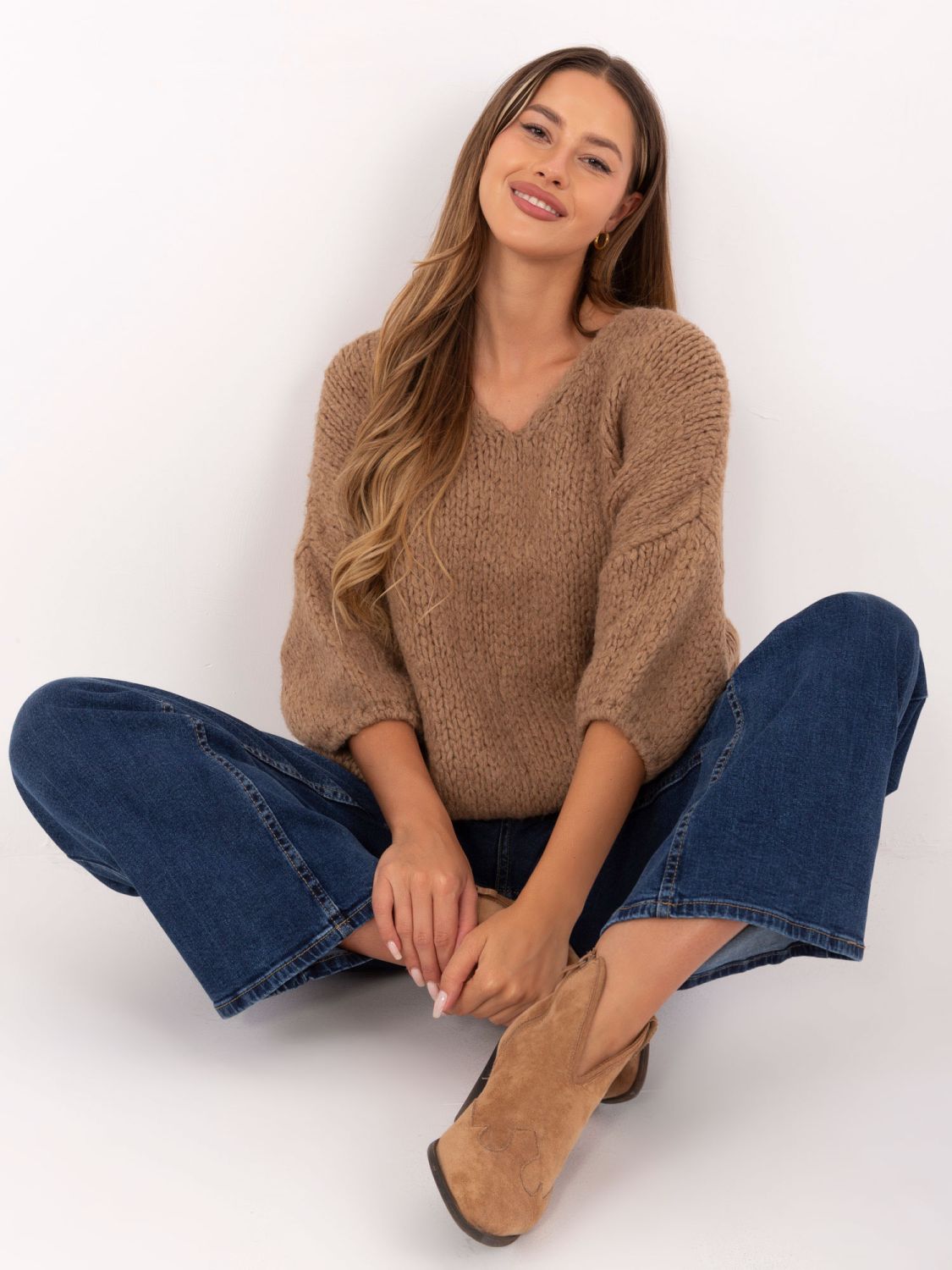 Pulover camel elegant cu mâneci 3/4