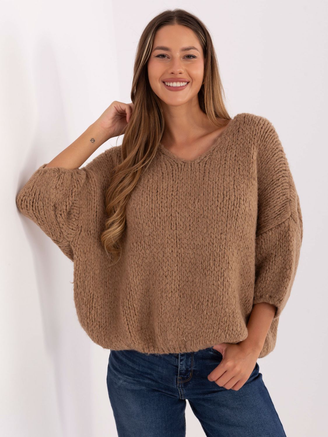 Pulover camel elegant cu mâneci 3/4