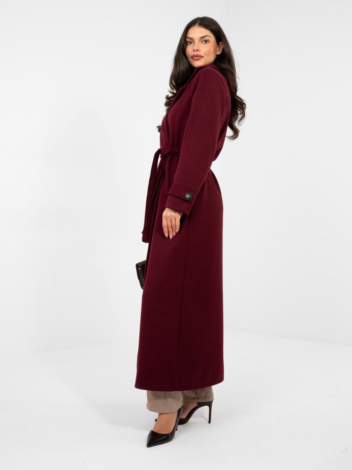 Palton roșu elegant de tranziție cu curea