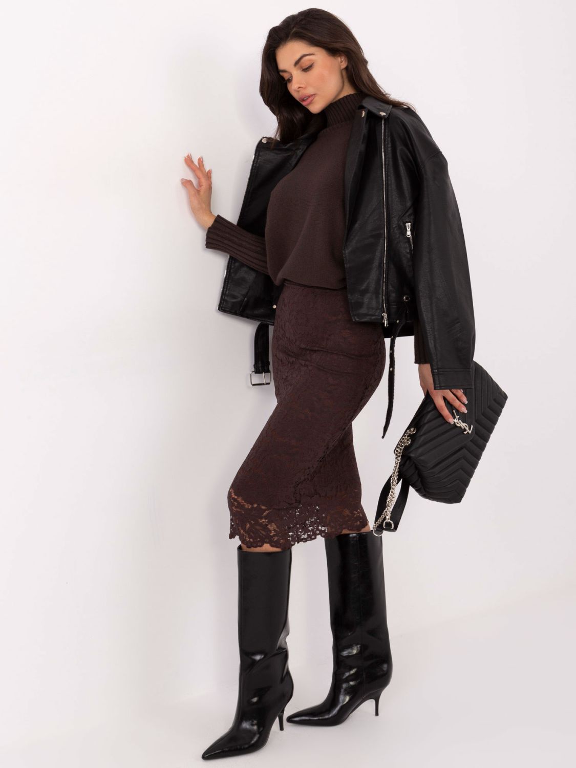 Fustă midi elegantă cu dantelă și căptușeală, maro