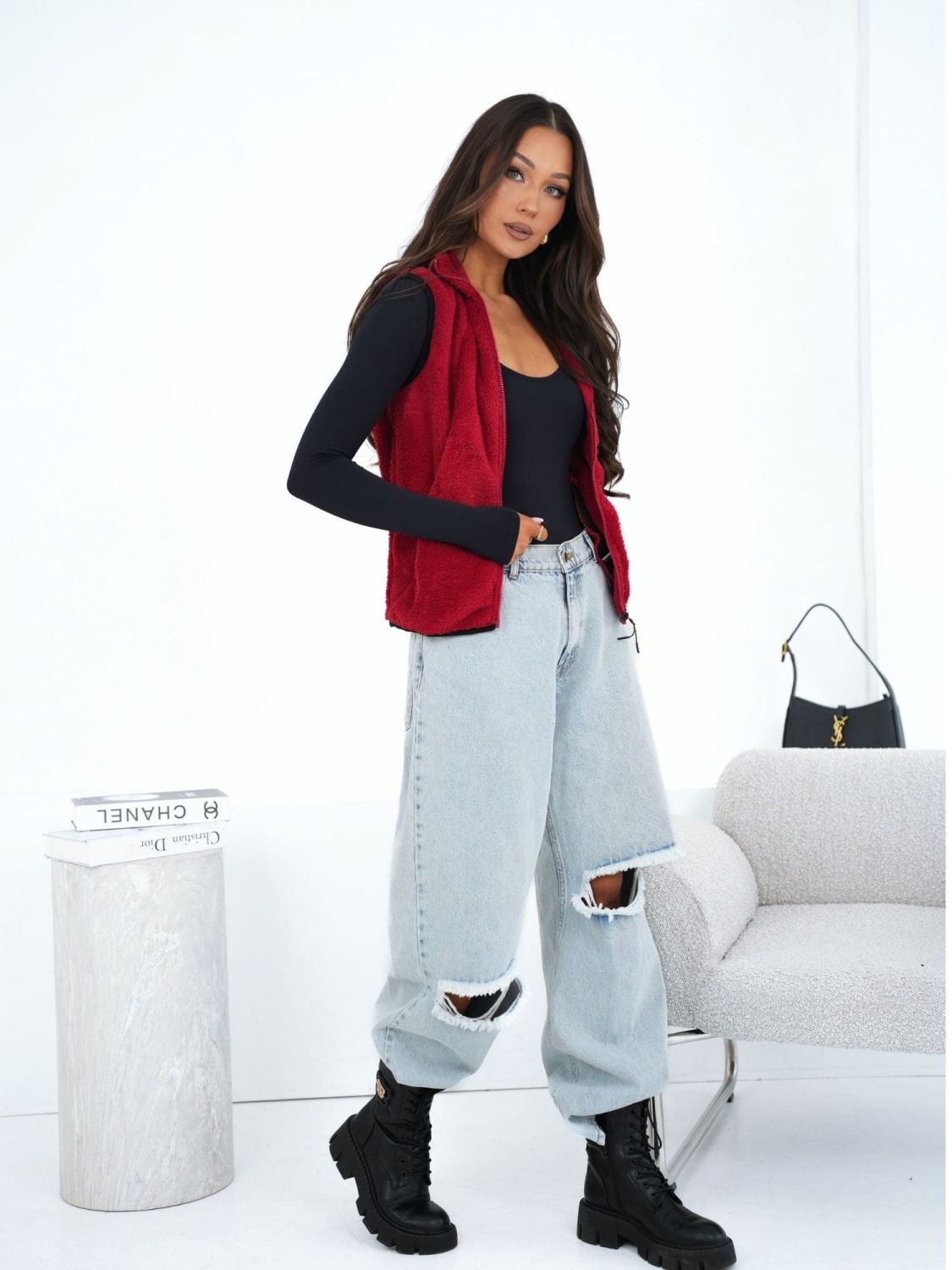 Vestă din blană artificială roșu închis pentru femei