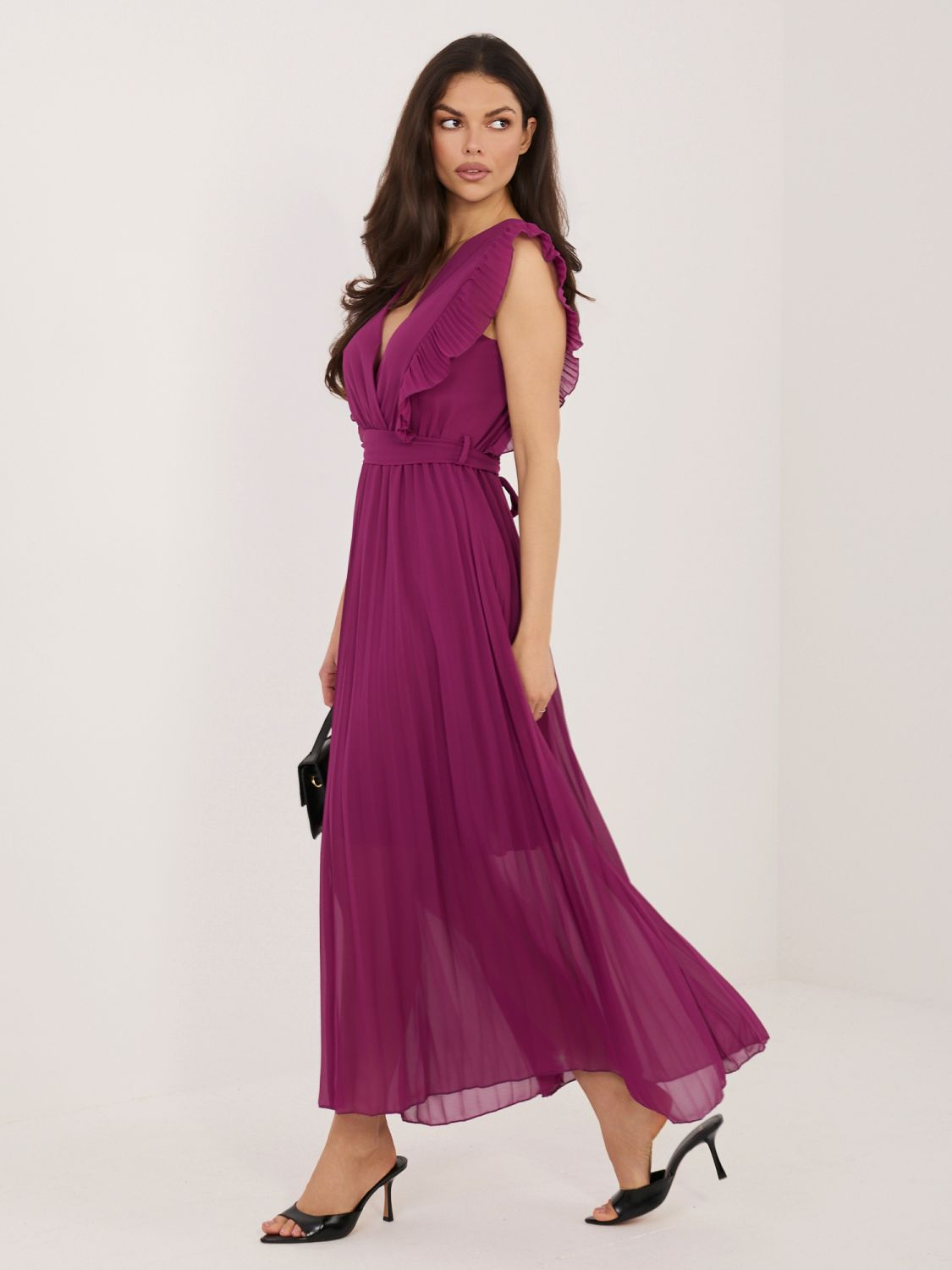 Rochie midi evazată mov închis cu curea
