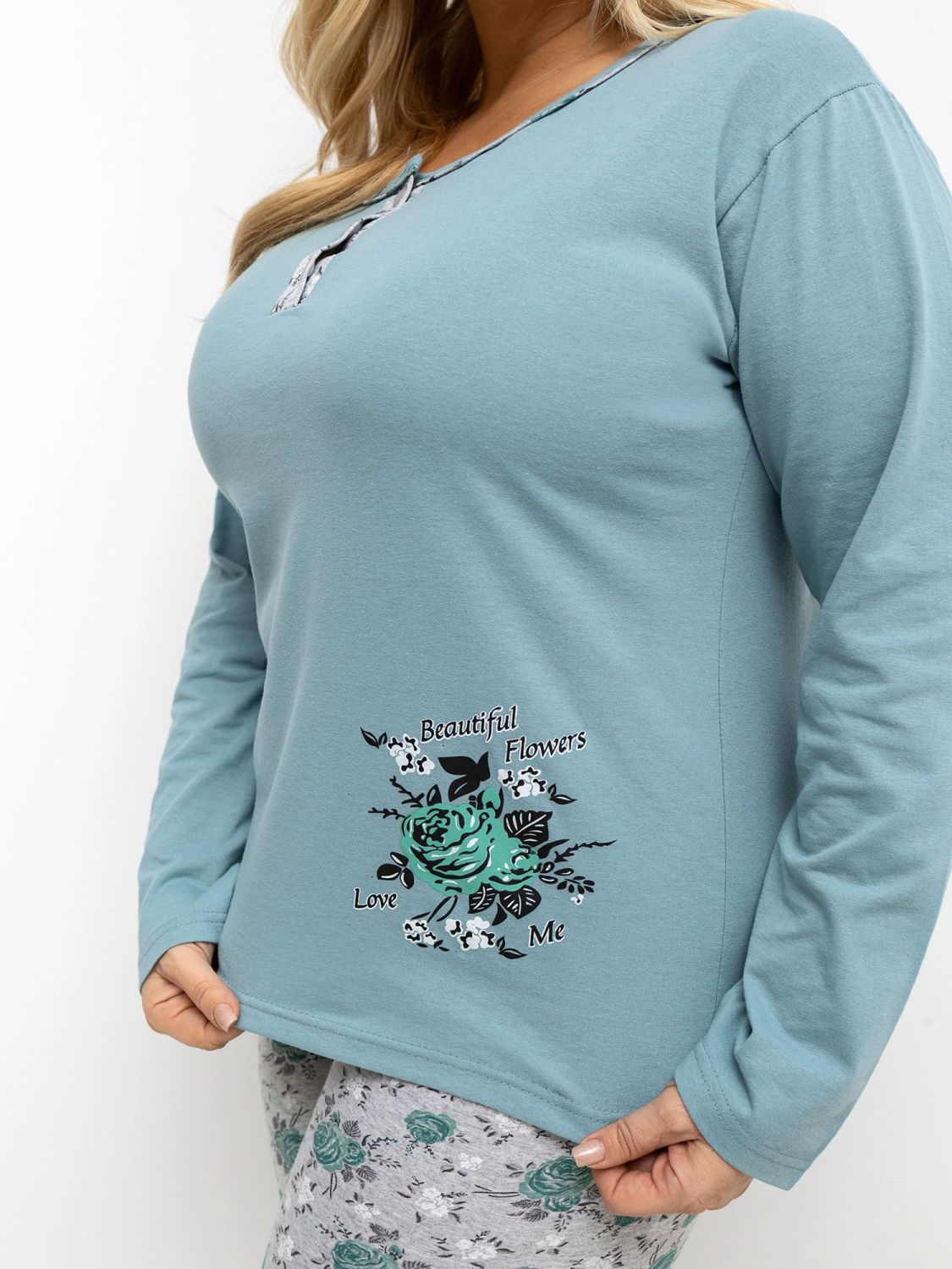 Pijamă damă cu imprimeu floral, mânecă lungă, verde