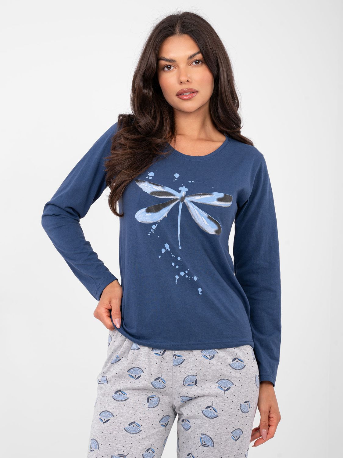 Pijamă din bumbac cu mânecă lungă, albastru închis
