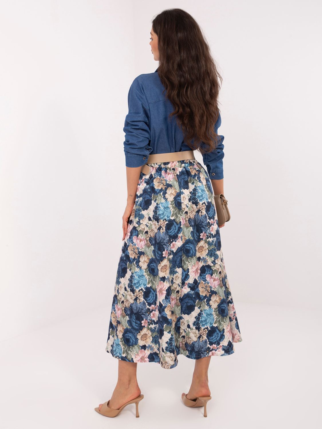 Fustă midi elegantă cu imprimeu floral și curea, albastru închis