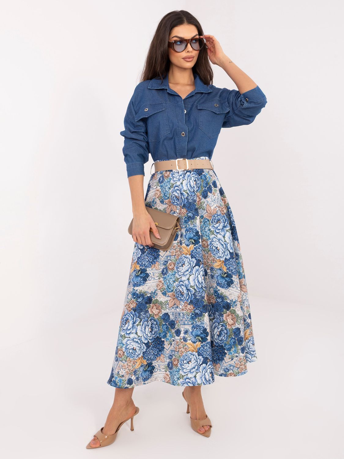 Fustă midi elegantă cu imprimeu floral și curea, albastru închis