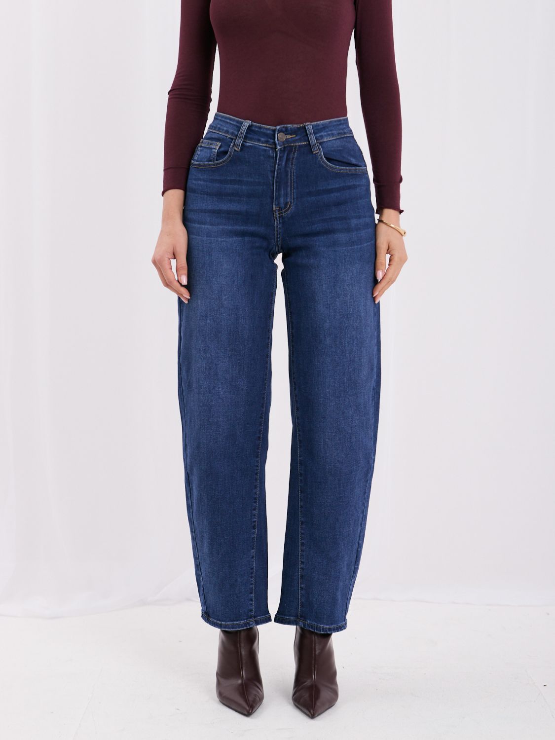 Blugi mom fit bleumarin cu talie înaltă