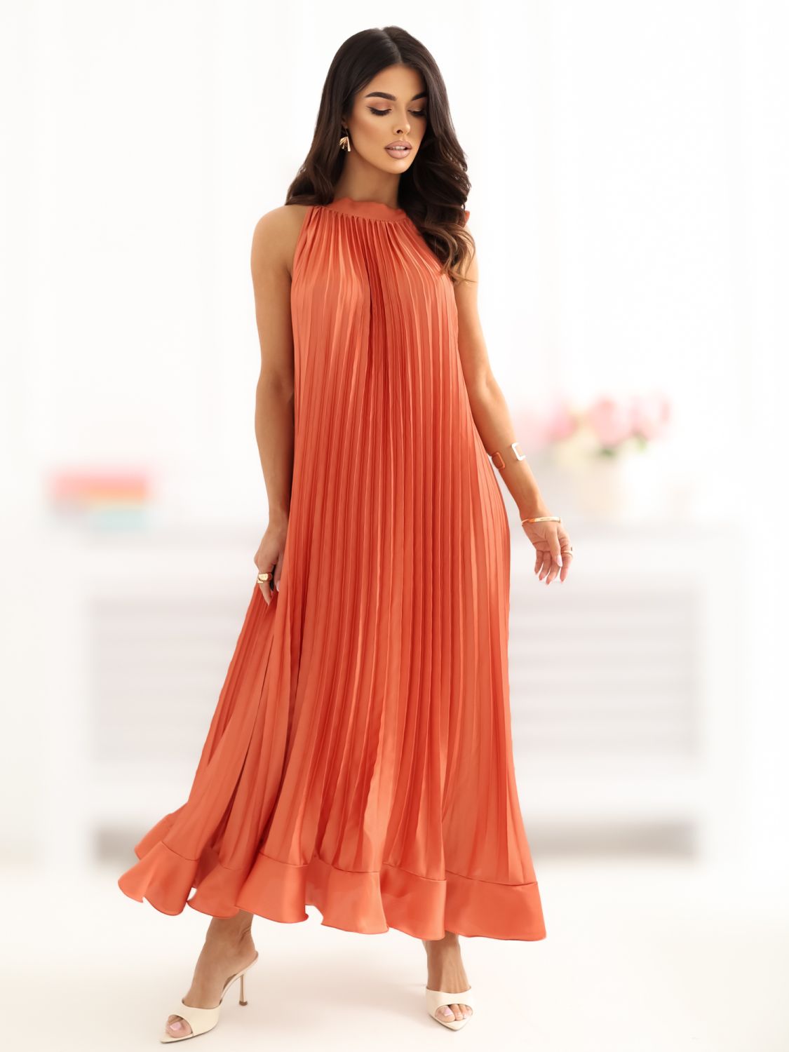 Rochie midi cocktail portocalie fără mâneci