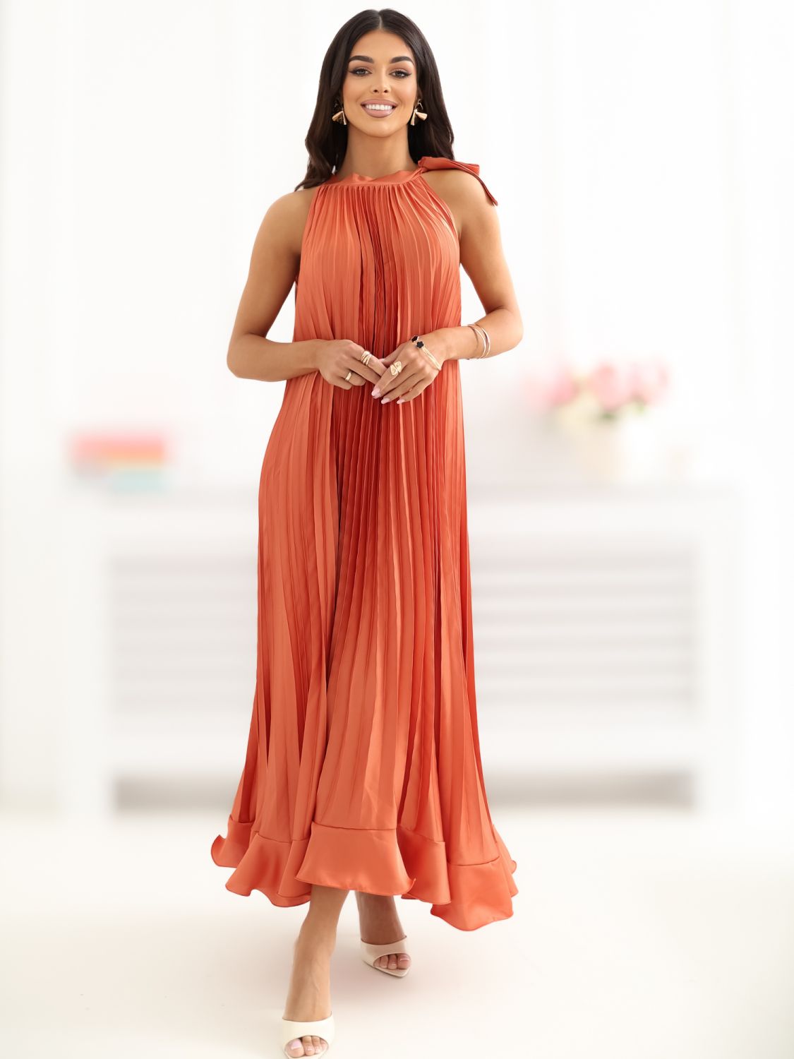 Rochie midi cocktail portocalie fără mâneci