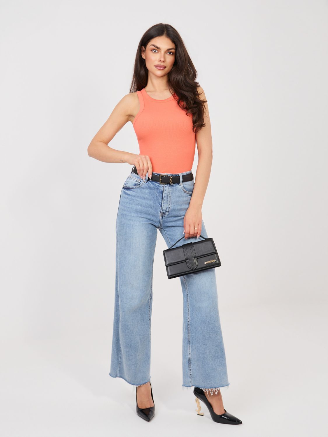 Top portocaliu fără mâneci, cu nervuri